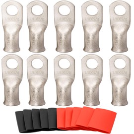 SVAAR 10pcs 1/0 AWG - 3/8'' Tinned Copper Cable Lugs Wire Lugs UL Listed 0 Gauge Ring Terminals Battery Cable Ends Heavy Duty Closed End Crimp Connectors with 10pcs 3:1 Heat Shrink Tubings