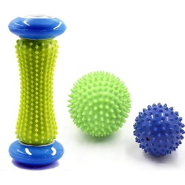 3pcs Rodillos de Masaje para Pies, Incluido 1 rodillo y 2 Bola de Masaje, Roller Espigado Massage Balls, Pelotas de Aliviar del Dolor de Fascitis Plantar para Fascitis Plantar, Relajante, Reflexología (Azul oscuro)