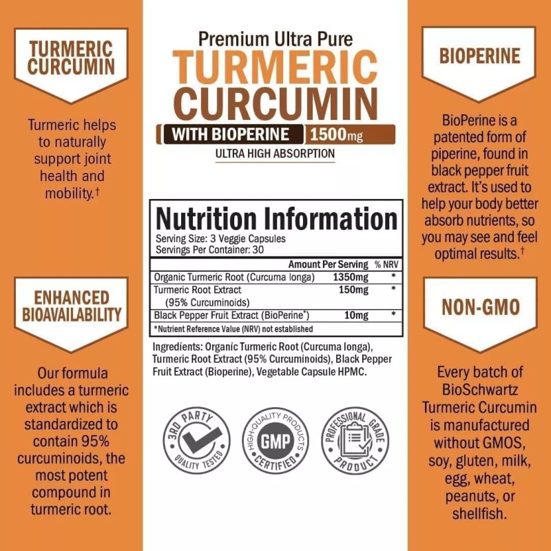 Turmeric Curcumin with Black Pepper Extract 1500mg High Absorption Potent,
