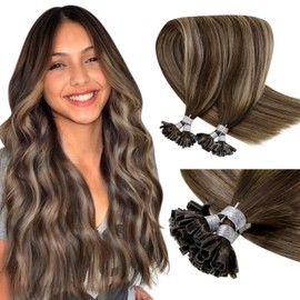 LaaVoo Real Hair Bonded Extensions, U-Tip Extensions, 60 cm, #4/18/4, Balayage, Brown with Ash Blonde, Keratin Extensions, Human Hair, 50 g/50 Pieces