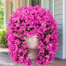 Siyaluens 4Pcs UV Resistant Artificial Flowers for Outdoors, Realistic Faux Silk Bougainvillea Flowers, Fake Hanging Plants for Porch Patio Balcony Decoration (Purple)