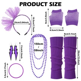 FACATH 80s Costume Accessories for Women Fanny Pack Necklace Bracelet Headband Fishnet Gloves Leg Warmers for 1980s Theme Party Outfits (Purple)