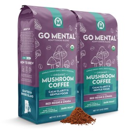 Organic Mushroom Decaffeinated Coffee Dark Roast | Swiss Water Water Process | Red Reishi & Chaga | Decaf for Calm and Relaxed Focus | Grade 1 Single Origin Peruvian | 12oz - Ground (2 Pack)