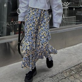 랜덤플레이 이중 프릴 플라워 러플 롱 스커트 블루 FREE Random Play Double Frill Flower Ruffle Long Skirt Blue FREE