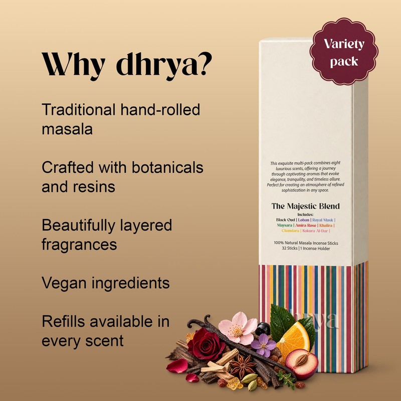 Dhrya Majestic Blend Incense Sticks, 8 Scent Variety Pack, Rosewood