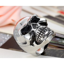 Flongo Mens Gothic Stainless Steel Ring Silver Black Skull Biker Band, Size Z+3