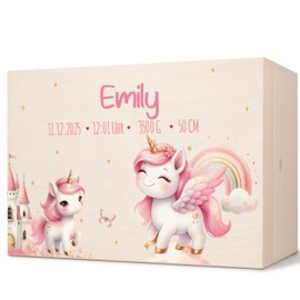 GRAVURZEILE Erinnerungskiste für Babys - Pegasus - Personalisiert mit Name & Datum - Holzkiste für Mädchen & Jungen - Geschenk für Baby zur Geburt - Erinnerungsbox für Neugeborene