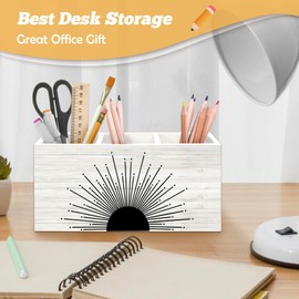 Yjeslw Boho Abstract Sunshine Pen Holder Organizer for Desk Accessories, Mid Century Modern Minimalist Sun Sunshine Wooden Box Sign Desk Decorations for Home Bedroom Office Decor