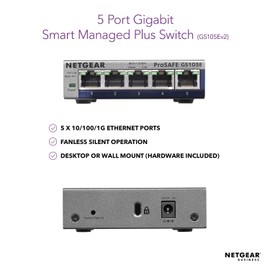 NETGEAR 5-Port Gigabit Ethernet Smart Managed Plus Switch (GS105Ev2) - Desktop, and ProSAFE Lifetime Protection