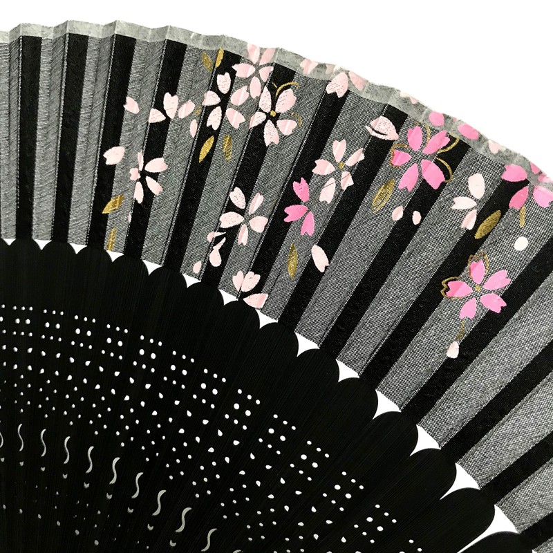Hana-Kanzashi Women's Silk Fan, Cherry Blossom Pattern, Black, Lady’s Length,