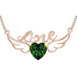 AFFY Simulated Green Emerald Love Heart Wing Pendant Necklace in 14k Rose Gold Over Sterling Silver