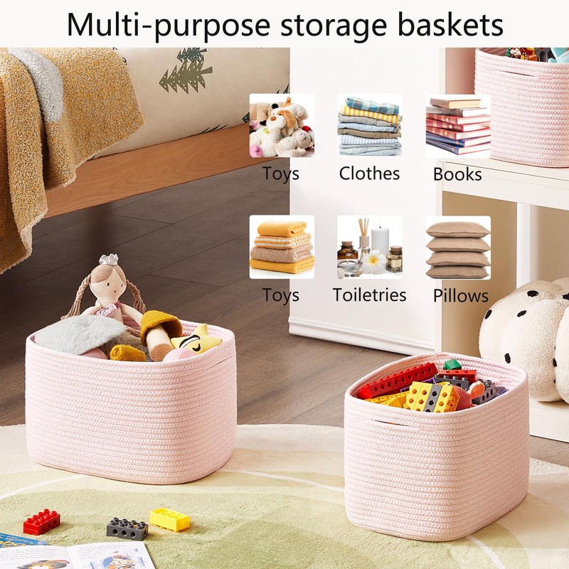 MOJOSCEND Pink Storage Bins 4 Pack Rectangular Rope Basket for