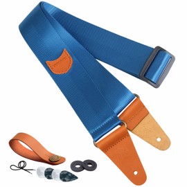 Nefelibata Guitar Strap with Theft Pocket, Vintage Nylon Full Grain Leather Ends Guitar Straps for Bass, Electric and Acoustic Guitar, Comes with Strap Button, 1 Pair Strap Locks and 7 Guitar Picks (Blue)