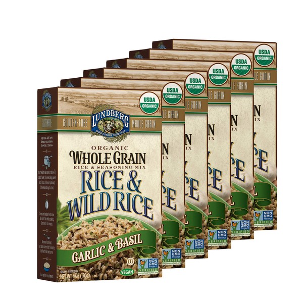 Lundberg Family Farms - Organic Whole Grain Rice & Wild Rice, Garlic & Basil, Side Dish, Pantry Staple, 100% Whole Grain, Non-GMO, Gluten-Free, USDA Certified Organic, Vegan, Kosher (6 oz, 6-Pack)