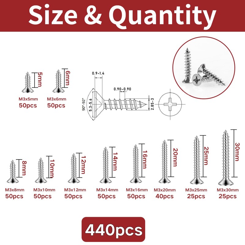 Zmbroll M3 Self Tapping Screw Silver Wood Screws 440Pcs Countersunk