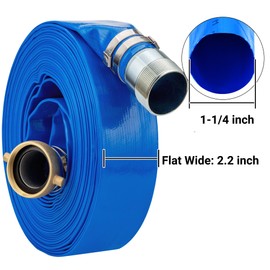 1-1/4" x 100ft PVC Lay Flat Water Pump Discharge Hose with NPT Pin Lug and Nipple Fittings, Heavy Duty Reinforced Pool Backwash Hose Assembly