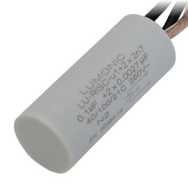 Lumonic I Suppression Capacitor 0.1µF 2x2.7nF 250VAC I 15x35mm I -40... +100°C I 3 Connection Cables I Radial I 0.1uF I EMC Capacitor I for Household Appliances