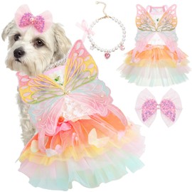 Yeyeplum 3 Pcs Rainbow Butterfly Dog Dresses Costume Set for Small Dog Girl Tutu Dresses Clothes Pearl Necklace and Ribbon Bow Hairpin for Small Pet Cat Girl Puppy Wedding Birthday Holiday Party