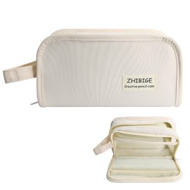 5 Compartment Pencil Case, Large Capacity Pen Pouch Organiser, Stationery Bag with Handle, Hidden Transparent Layer Pencil Bag, Storage Pencil Case for Girls Boys Teenagers, beige, Modern