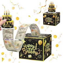 Happy Birthday Money Box for Cash Gift, Pull Out Surprise Present Box, Black, for Girls and Boys, with 30Pcs Transparent Bags