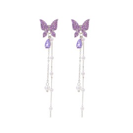 Butterfly Tassel Earrings for Women Purple Butterfly Crystal Earrings Long Butterfly Drop Dangle Earrings for Girls Tassel Threading Long Chain Earrings Jewelry Gift for Wedding