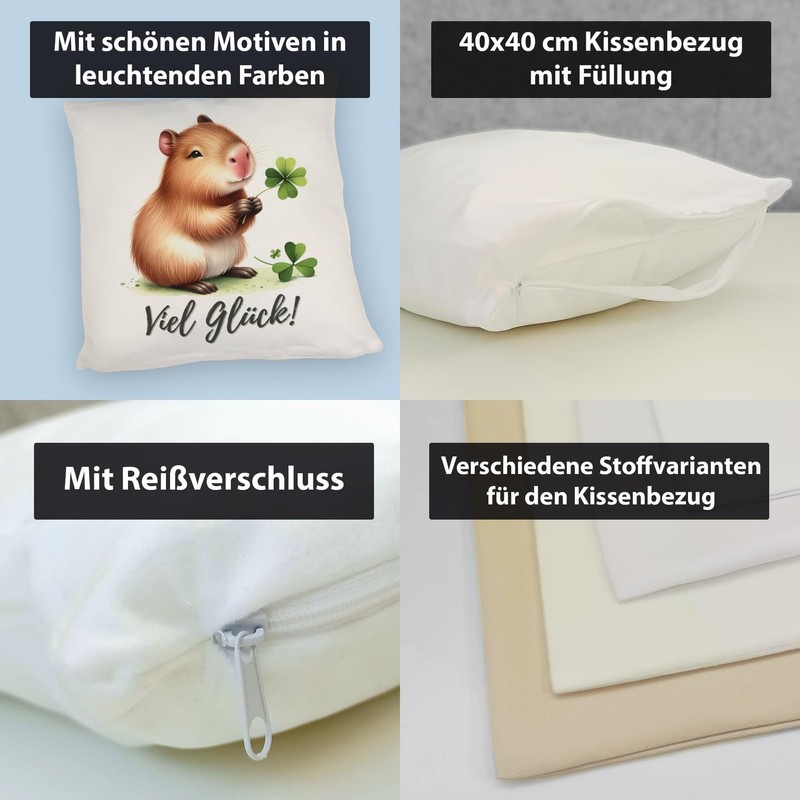 Capybara with Clover Leaf Cushion with Saying Viel Glück Cute