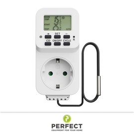 Perfect Thermostat Socket, Temperature Controller 230 V, Socket Thermostat with Sensor, Temperature Switch for Heating, Cooling, Greenhouse, Terrarium, White