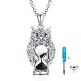PELOVNY Owl Urn Necklace 925 Sterling Silver Hourglass Ashes Pendant Owl Cremation Jewelry for Mothers Day Fathers Day Thanksgiving Christmas Gifts Women Men