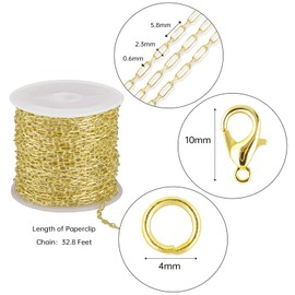 Crisjanggo 32.8 Feet Gold Paperclip Chains for Jewelry Making 14K Gold Plated Brass Jewelry Making Chains Roll Bulk for Bracelet Women DIY Craft Chain