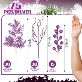 Craftsatin 75 Pcs Christmas Glitter Branches 3 Styles Artificial Christmas Picks Berries Stems Pine Needles Floral Twig Spray for Christmas Tree Ornaments DIY Xmas Wreath Garland (Purple)