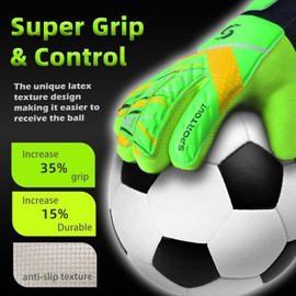 Sportout Kids Goalkeeper Gloves, Soccer Gloves with Double Wrist Protection and Non-Slip Wear Resistant Latex Material to Prevent Injuries (Green, Size 8 Suitable for Adult Small)