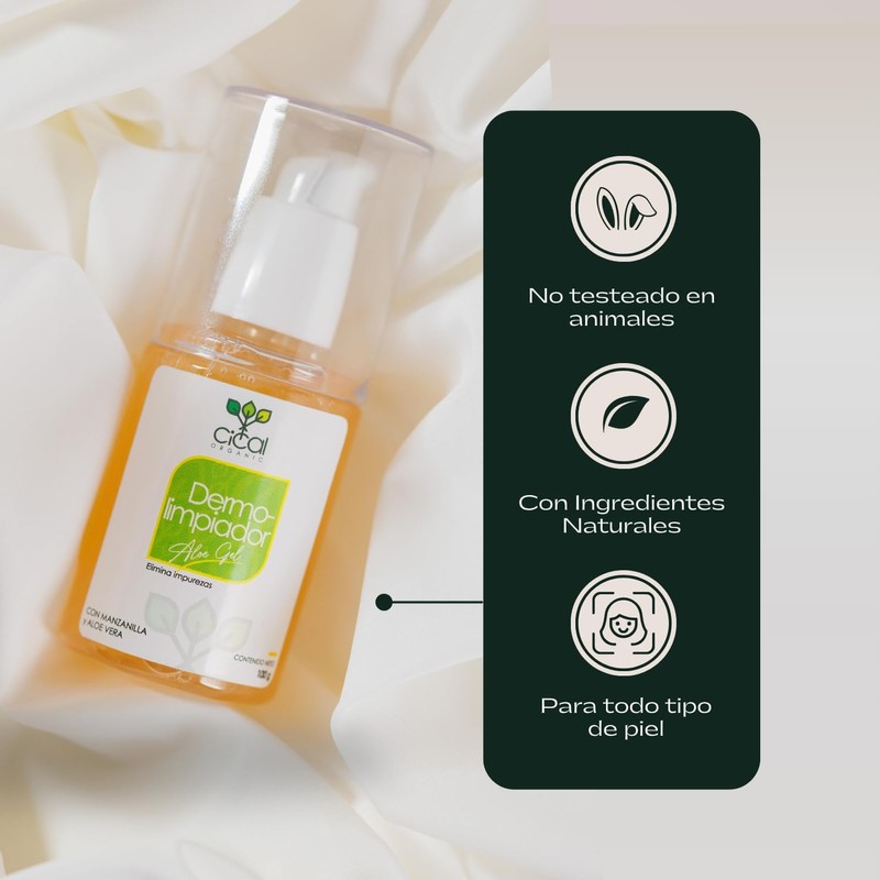 Dermolimpiador en Gel con Aloe Vera, Manzanilla y Mandarina, Fórmula