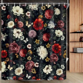 Drgilau Floral Shower Curtain, Vintage Floral Shower Curtain Set Red Flower Plants Bathroom Curtain, Boho Floral Shower Curtain Set with Hooks for Bathroom Decor 72X84 Inch