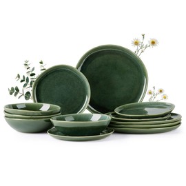 AmorArc Ceramic Dinnerware Sets,Handmade Reactive Glaze Stoneware Plates and Bowls Set,Highly Chip and Crack Resistant | Dishwasher & Microwave Safe Dishes Set,Service for 4 (12pc)
