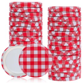 HEMOTON 40 Pack Replacement lids for Jam Jars, 65mm Twist On Jam Jar Lids, Wide Mason Jar Lids Canning Lids in Red or White - Chequered Screw lids for tumblers and Preserving Jars