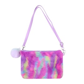 Fluffy Faux Fur Crossbody Purse for Kids Girls Women Tie Dye Rainbow Shoulder Bag Handbag Wallet