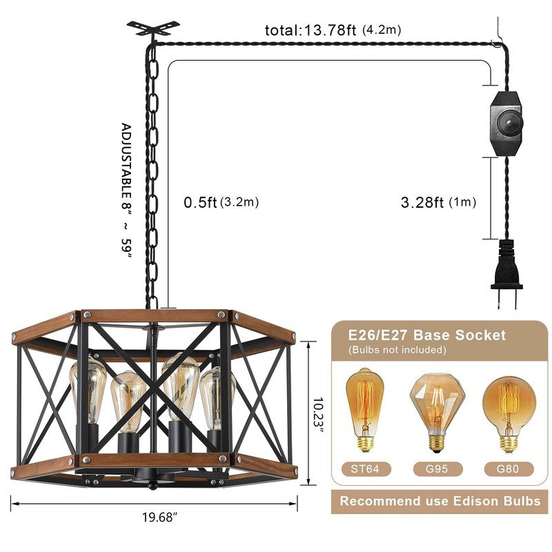 4-Light Large Rustic Farmhouse Plug in Pendant Light Fixture with