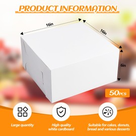 Ireer 50 Pack 16 x 16 x 6 Inch White Cake Boxes Cardboard Bakery Boxes for Pie Pastry Cookie