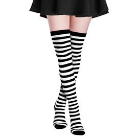 Alaoo Women's Knee High Socks, Thin Stripe Women Extra Long Thigh High Socks, Casual Striped Knee Thigh for Daily Wear, Cosplay, Carnival, Masquerade (Black and White)