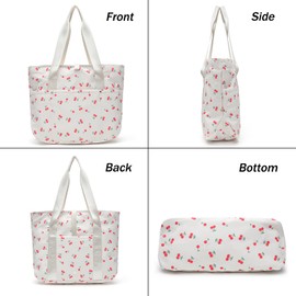 mcuvaec Foldable Floral Tote Bag for Women Nylon Travel Handbag with Zipper Cherry Print Purse Daily Commuter Bag for Work (cherry white)