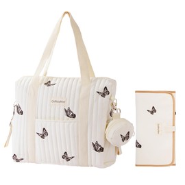 GOBABYMART Large Diaper Bag Tote, Maternity Travel diaper tote, Multifunction baby bag, Baby Nappy Bags, Messenger bag (Medium - Beige Butterflies)