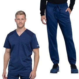 Cherokee Men's V-Neck Scrub Set - Modern Fit Top WW603 With Natural Rise Jogger Pants WW012, Drawstring Waistband, Navy - S Top/S Pant
