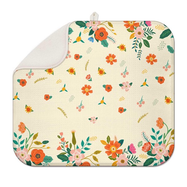 Yellow Floral Dish Drying Mats, Reversible Dish Drying Pads for