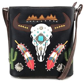 Zelris Longhorn Skull Embroidered Feather Cactus Design Women Concealed Carry Crossbody Messenger Bag (Black)