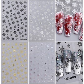 Christmas Snowflake Nail Stickers, Christmas 3D Self-Adhesive Nail Art Decals - with Diamonds, Black,White, Gold,Silver Snowflake Elk Design for DIY Manicure Winter Xmas DIY Nail Decorations 4 Sheets