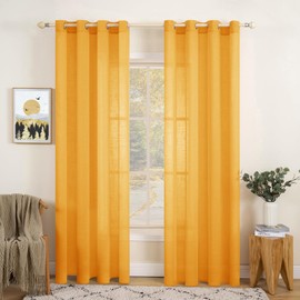 MIULEE Voile Curtains, Sheer Linen Curtain with Eyelets, Transparent, Linen Look, Living Room Window Curtain, Translucent Decorative Curtain for Bedrooms, 140 x 160 cm (W x H), Yellow Set of 2