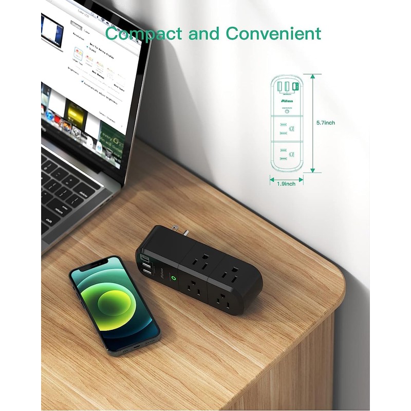 2 Pack USB Outlet Extender- with Rotating Plug, 6 AC
