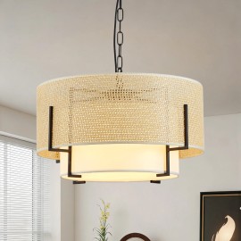 19.7'' Farmhouse Boho Chandelier,4-Light Hand Woven Rattan Pendant Light with Fabric Shade Rustic Drum Chandelier for DiningRoomLamp Power(W): 100, Product Size: 50x50x30cm