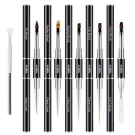Aradito One 7-Pin Stainless Steel Nail Tool And 5pcs Double-Ended Acrylic Nail Art Brushes Set With 5/10/15/20mm Liner Brushes, Gel Taking, Ombre/Flat/3D/Oval/Angled Brushes For DIY Manicures & Salons