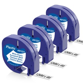 4 x Compatible with Dymo LetraTag 12 mm x 4 m, Compatible with Dymo Letratag LT-100H 100T XR 200B, Compatible with Dymo LetraTag Lt-100h Label Tape, Plastic, 12 mm x 4 m, 91201